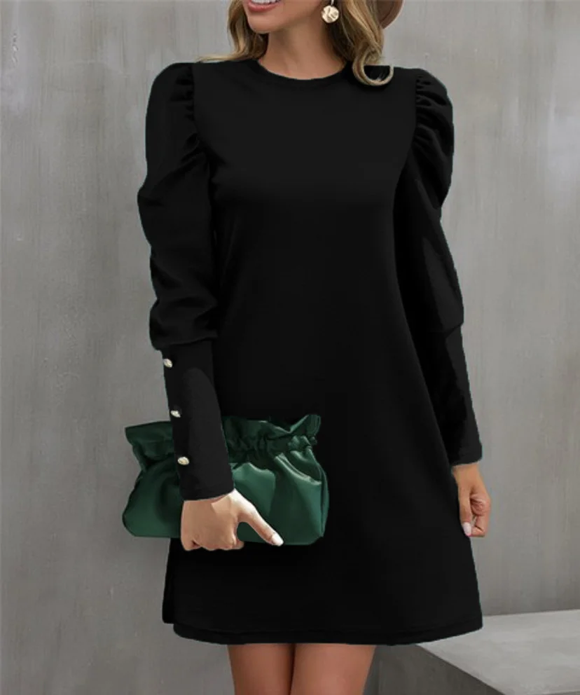 Women Plain Crew Neck Long Sleeve Comfy Casual Midi Dress