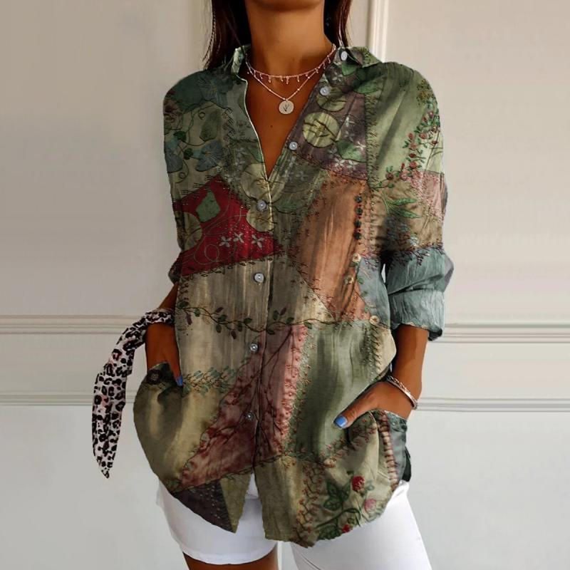 Shirt Collar Long Sleeve Ethnic Geometry Regular Loose Shirt For Women