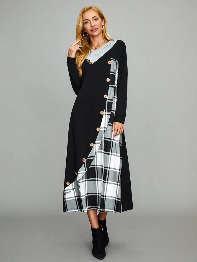 Women Plaid Long Sleeve Comfy Casual Maxi Dress