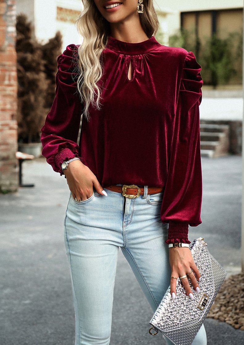 Crew Neck Long Sleeve Plain Regular Micro-Elasticity Loose Blouse For Women