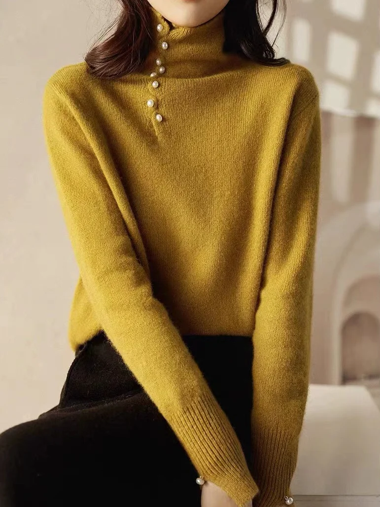 Women Yarn/Wool Yarn Plain Long Sleeve Comfy Casual Sweater