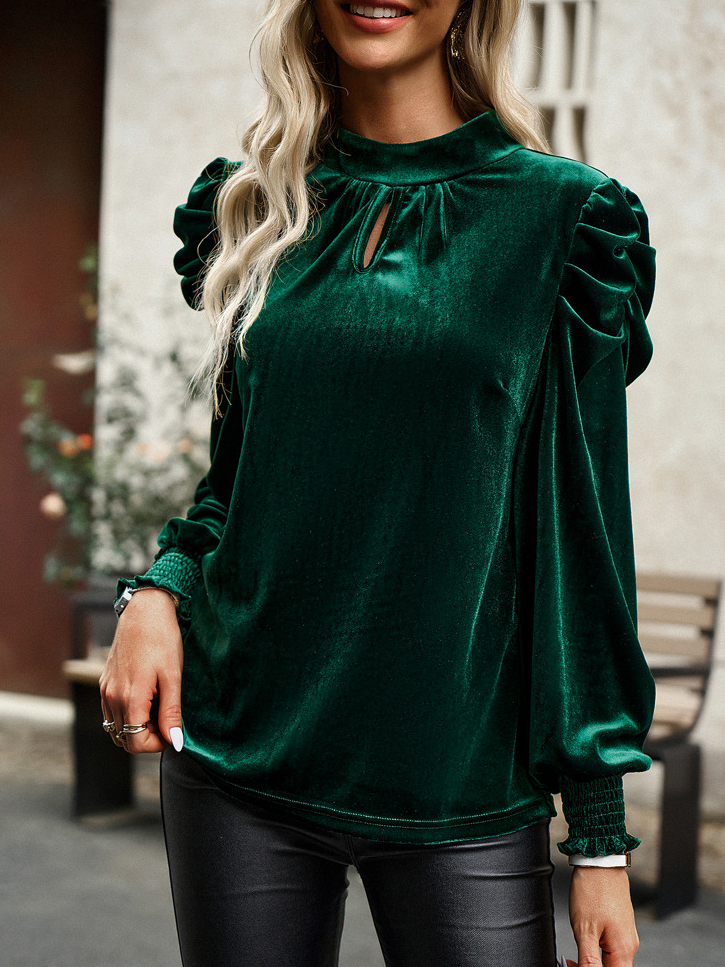 Crew Neck Long Sleeve Plain Regular Micro-Elasticity Loose Blouse For Women