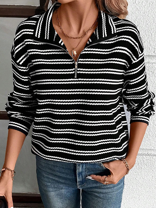 Casual Shawl Collar Striped Sweatshirt Zipper