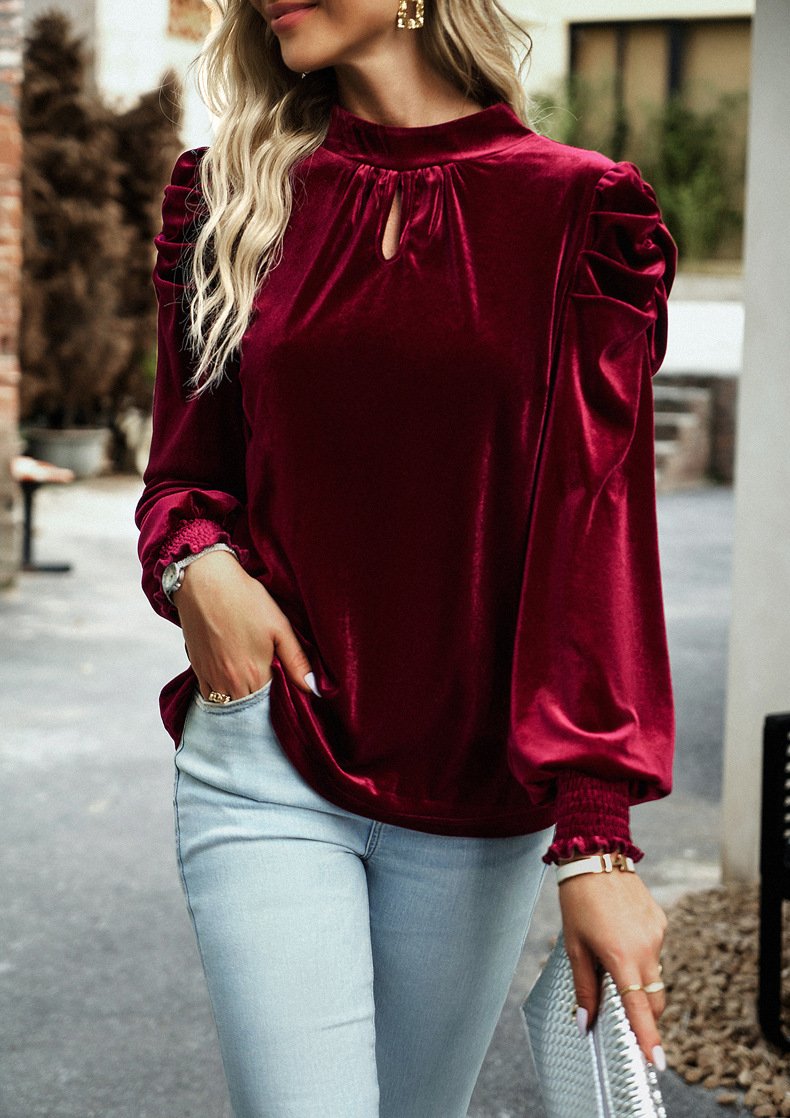 Crew Neck Long Sleeve Plain Regular Micro-Elasticity Loose Blouse For Women