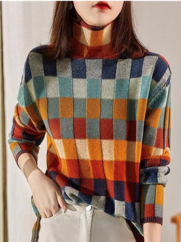 Women Yarn/Wool Yarn Geometric Long Sleeve Comfy Casual Sweater