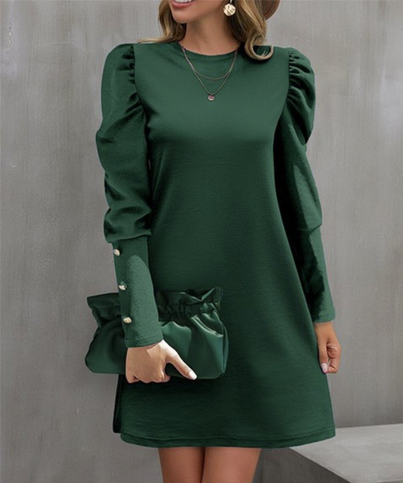 Women Plain Crew Neck Long Sleeve Comfy Casual Midi Dress