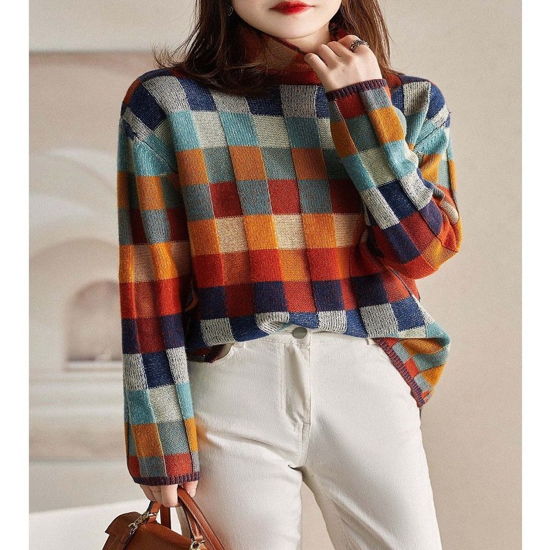 Women Yarn/Wool Yarn Geometric Long Sleeve Comfy Casual Sweater