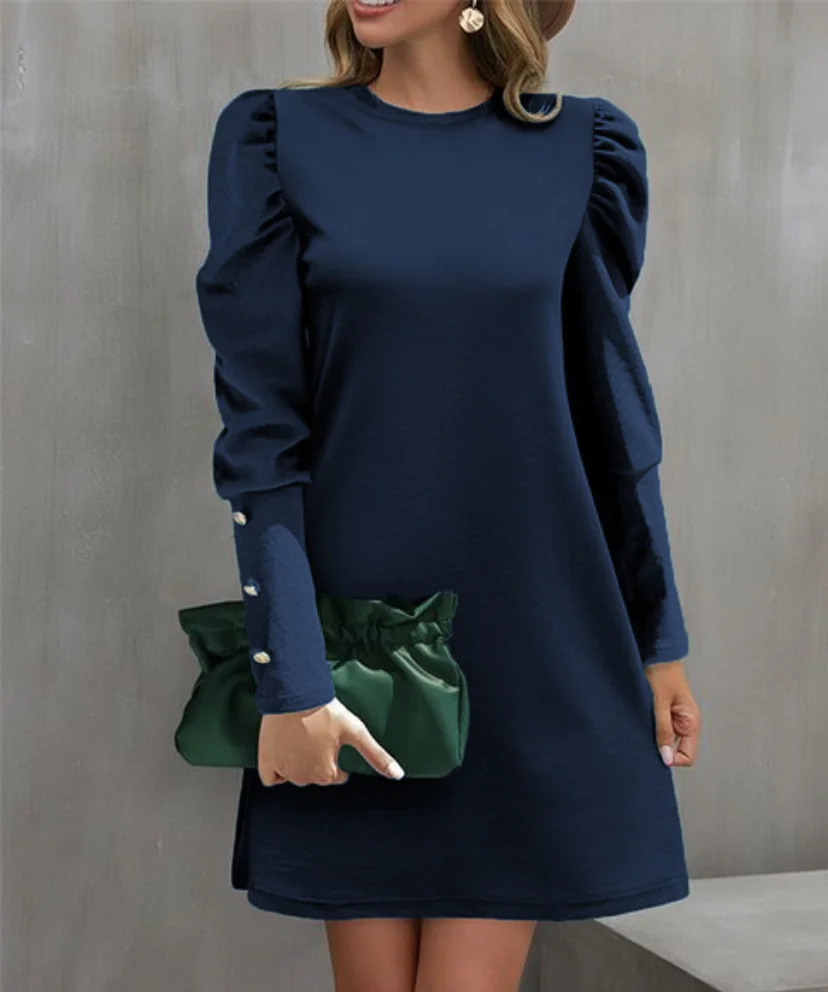 Women Plain Crew Neck Long Sleeve Comfy Casual Midi Dress