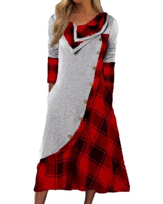 Women Plaid Long Sleeve Comfy Casual Maxi Dress