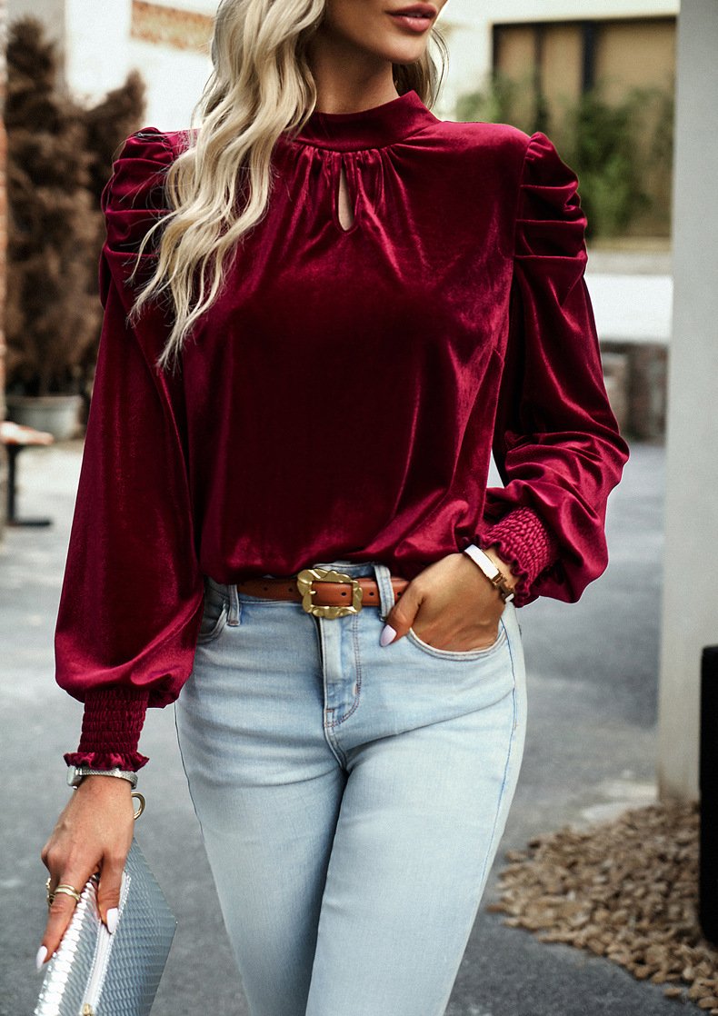 Crew Neck Long Sleeve Plain Regular Micro-Elasticity Loose Blouse For Women