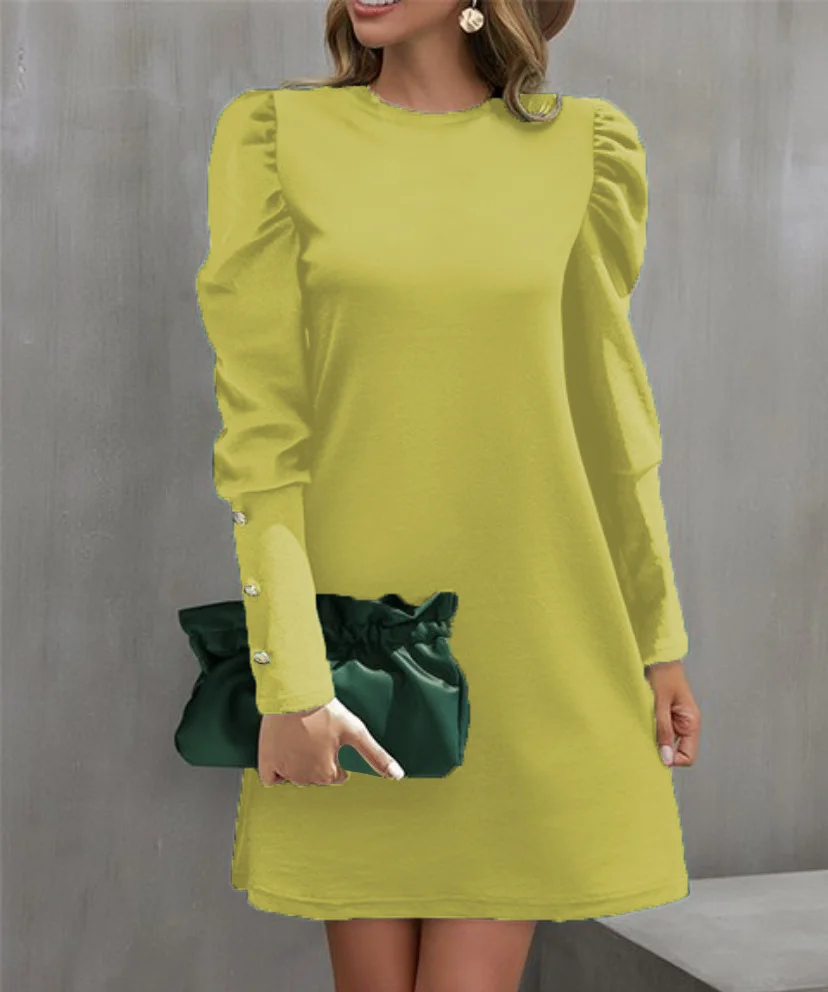 Women Plain Crew Neck Long Sleeve Comfy Casual Midi Dress