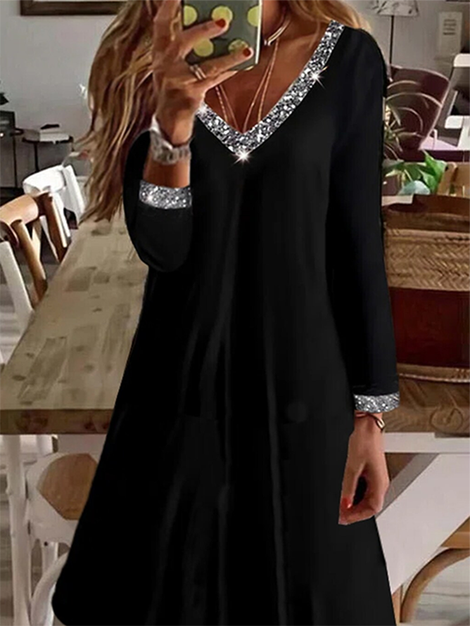 Women Plain V Neck Long Sleeve Comfy Casual Midi Dress