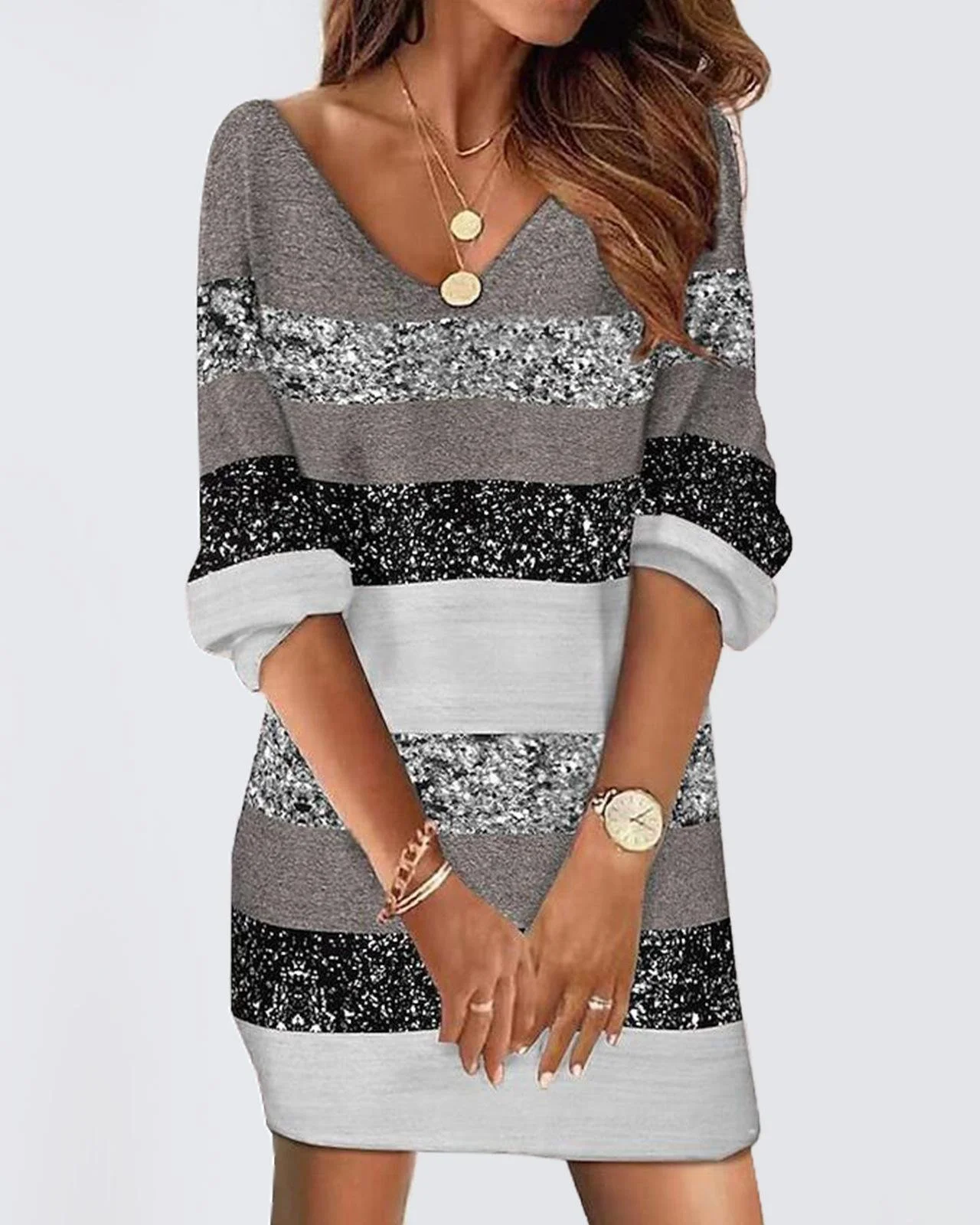 Women Striped Spring/Fall Dress V Neck Long Sleeve T-Shirt Dress H-Line Dress