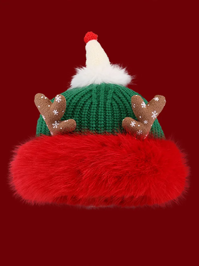 Cute Christmas Antlers Red Plush Hat Women's Winter Warm Thickened Ear Protection Beanie