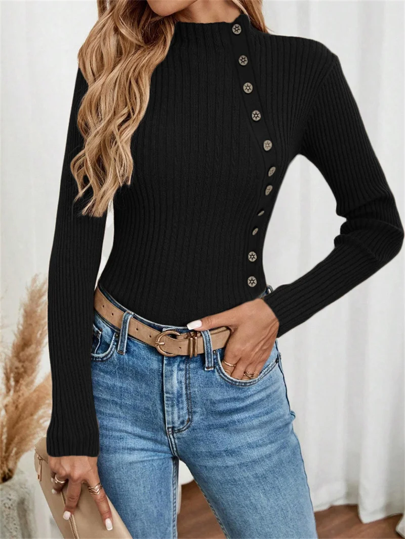 Turtleneck Long Sleeve Plain Regular Micro-Elasticity Loose Blouse For Women