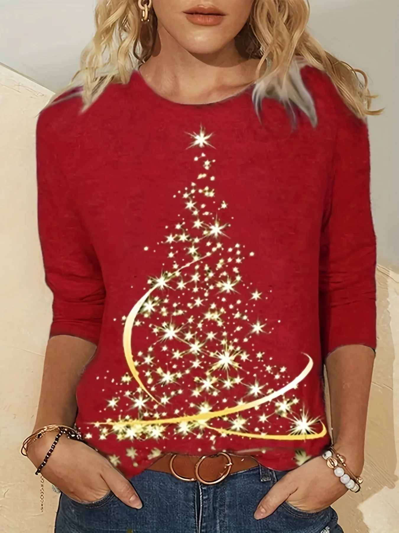 Casual Christmas Crew Neck Long Sleeve T-shirt