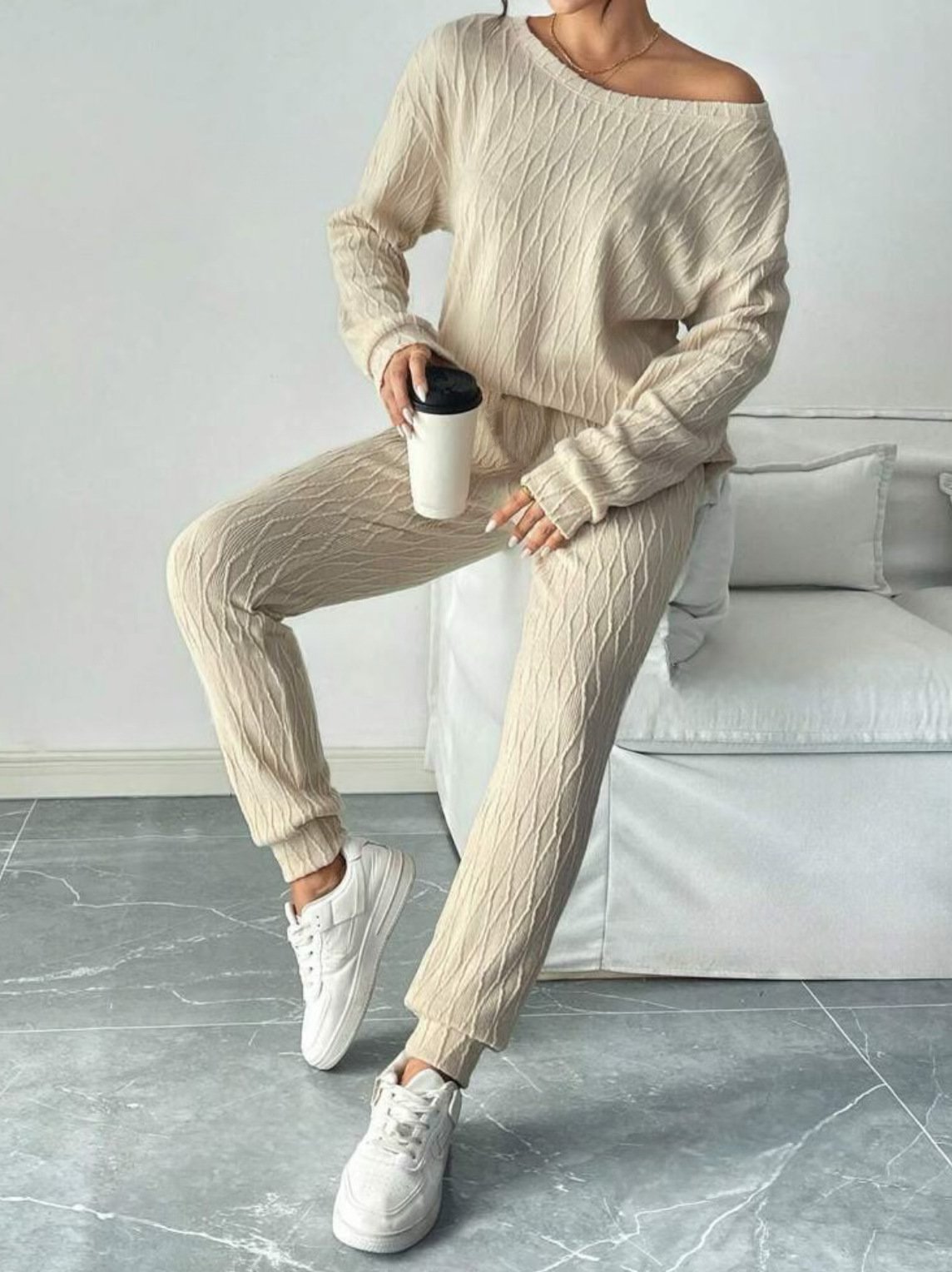 Women Plain Crew Neck Long Sleeve Comfy Casual Top With Pants Two-Piece Set