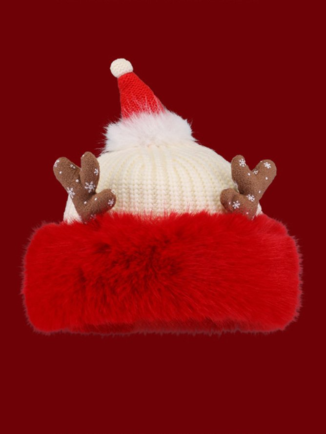 Cute Christmas Antlers Red Plush Hat Women's Winter Warm Thickened Ear Protection Beanie