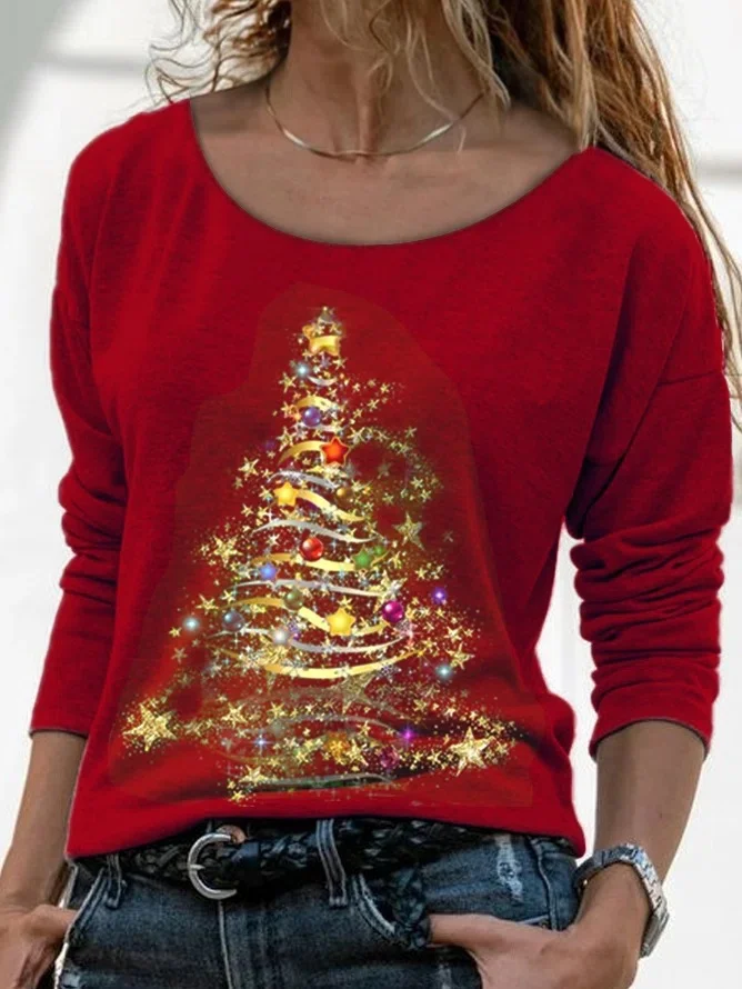 Casual Christmas Crew Neck Long Sleeve T-shirt