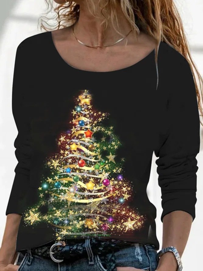 Casual Christmas Crew Neck Long Sleeve T-shirt