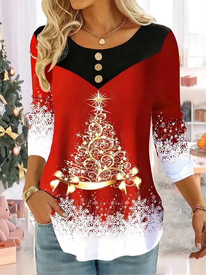 Crew Neck Long Sleeve Christmas Regular Micro-Elasticity Loose Blouse For Women