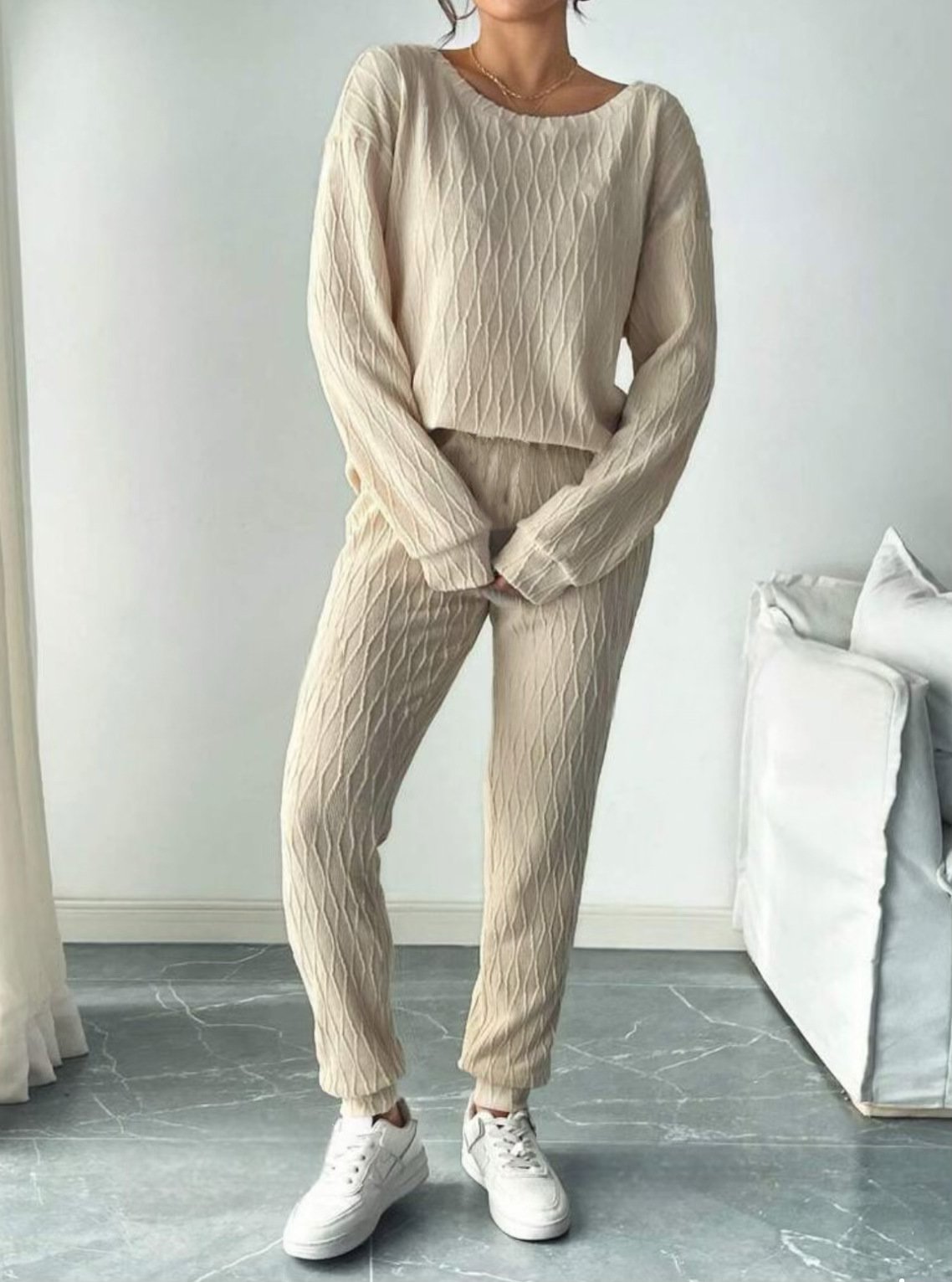 Women Plain Crew Neck Long Sleeve Comfy Casual Top With Pants Two-Piece Set