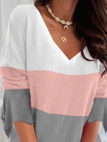 Casual Color Block V Neck Three Quarter Sleeve T-shirt