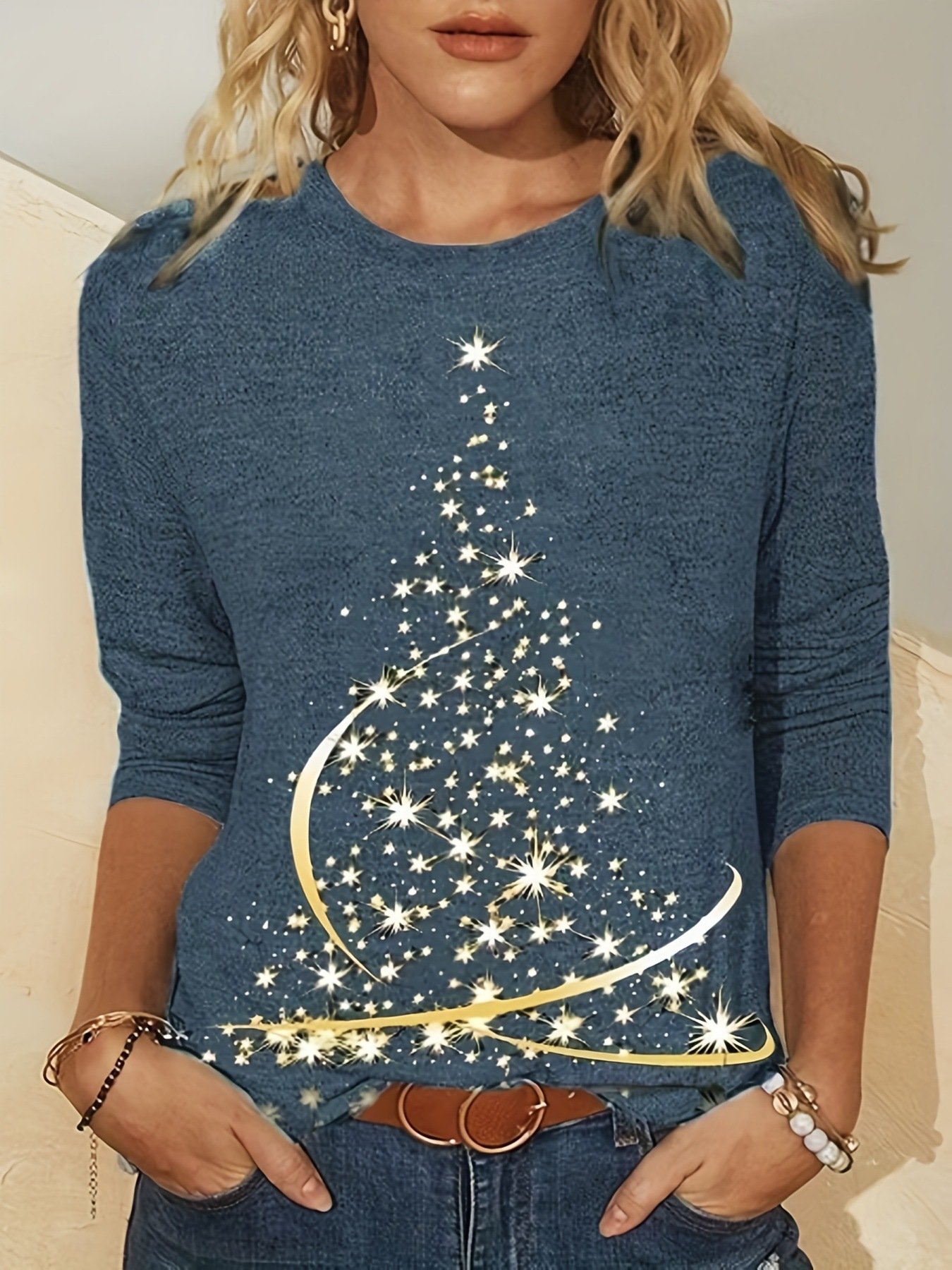 Casual Christmas Crew Neck Long Sleeve T-shirt