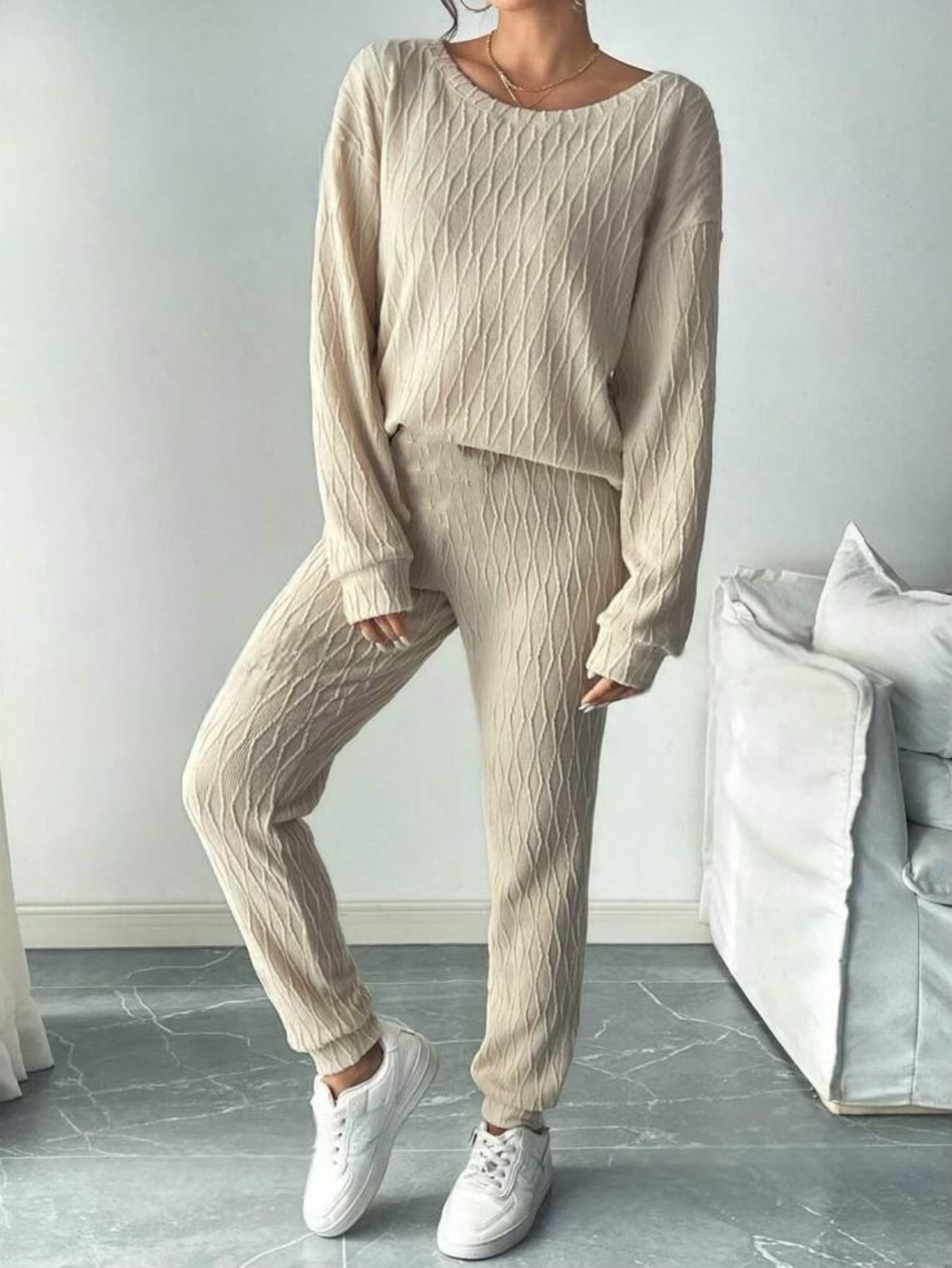 Women Plain Crew Neck Long Sleeve Comfy Casual Top With Pants Two-Piece Set