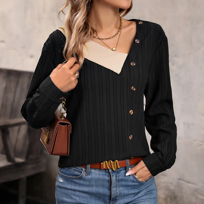 Shawl Collar Long Sleeve Color Block Regular Micro-Elasticity Loose Blouse For Women