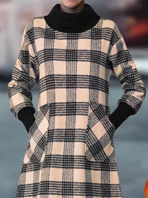 Women Plaid Turtleneck Long Sleeve Comfy Casual Maxi Dress