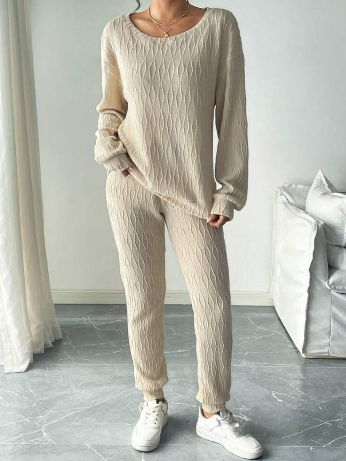 Women Plain Crew Neck Long Sleeve Comfy Casual Top With Pants Two-Piece Set