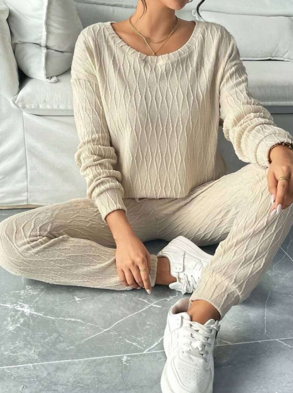 Women Plain Crew Neck Long Sleeve Comfy Casual Top With Pants Two-Piece Set