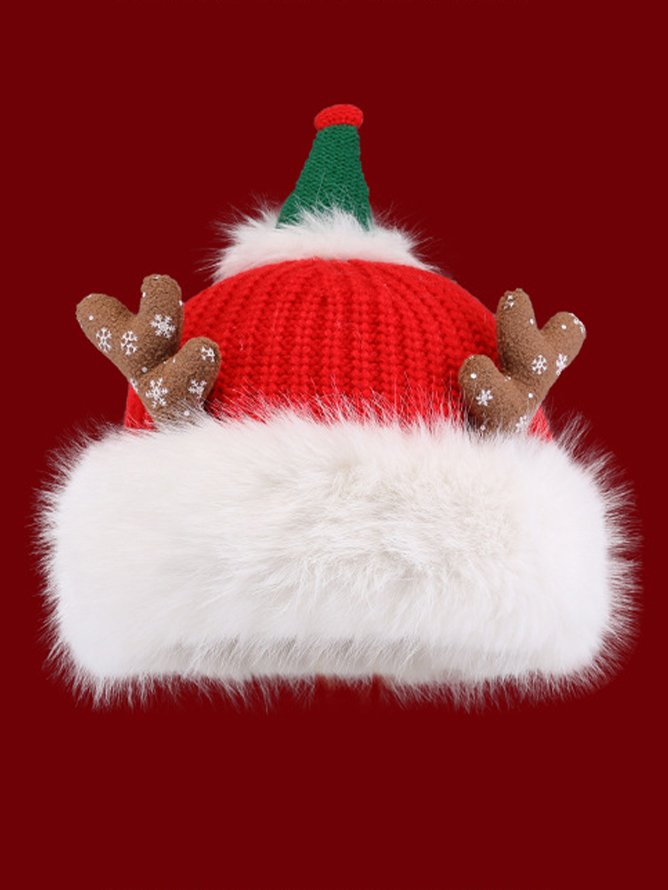 Cute Christmas Antlers Red Plush Hat Women's Winter Warm Thickened Ear Protection Beanie