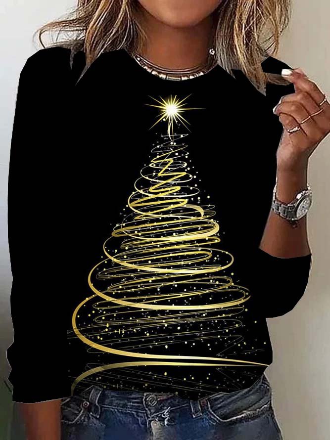 Casual Christmas Tree Crew Neck Long Sleeve T-shirt