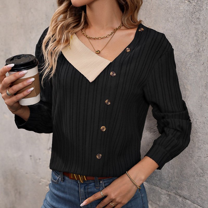 Shawl Collar Long Sleeve Color Block Regular Micro-Elasticity Loose Blouse For Women