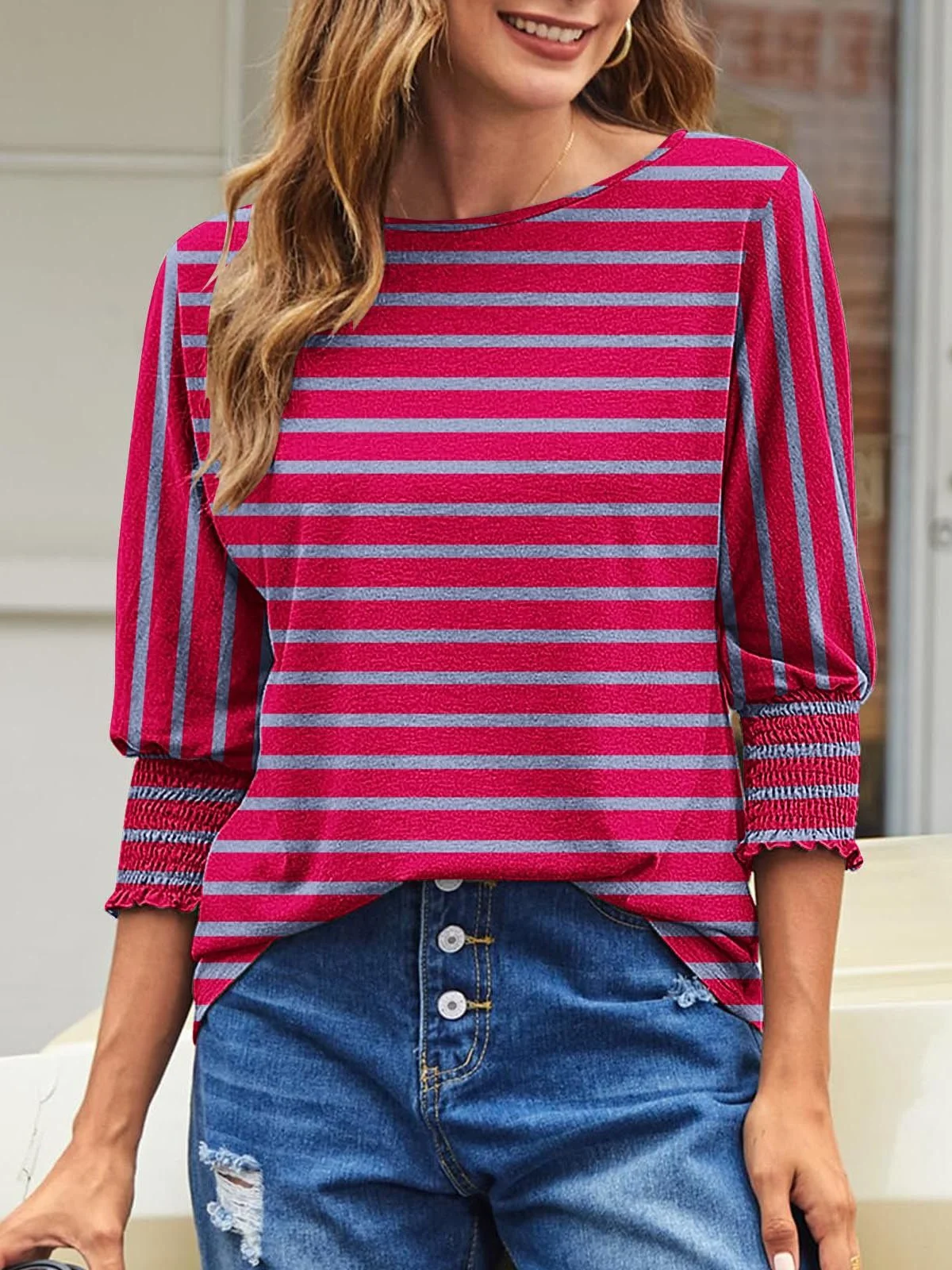 Crew Neck Long Sleeve Striped Regular Micro-Elasticity Loose Blouse For Women