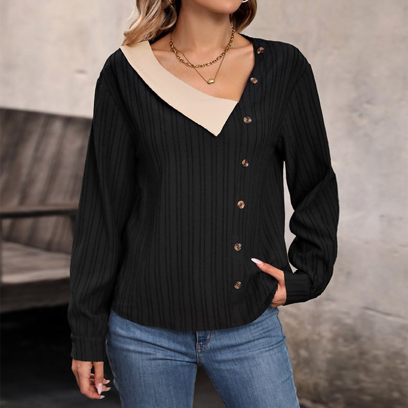 Shawl Collar Long Sleeve Color Block Regular Micro-Elasticity Loose Blouse For Women