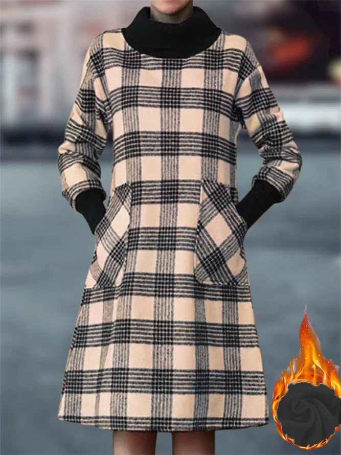 Women Plaid Turtleneck Long Sleeve Comfy Casual Maxi Dress