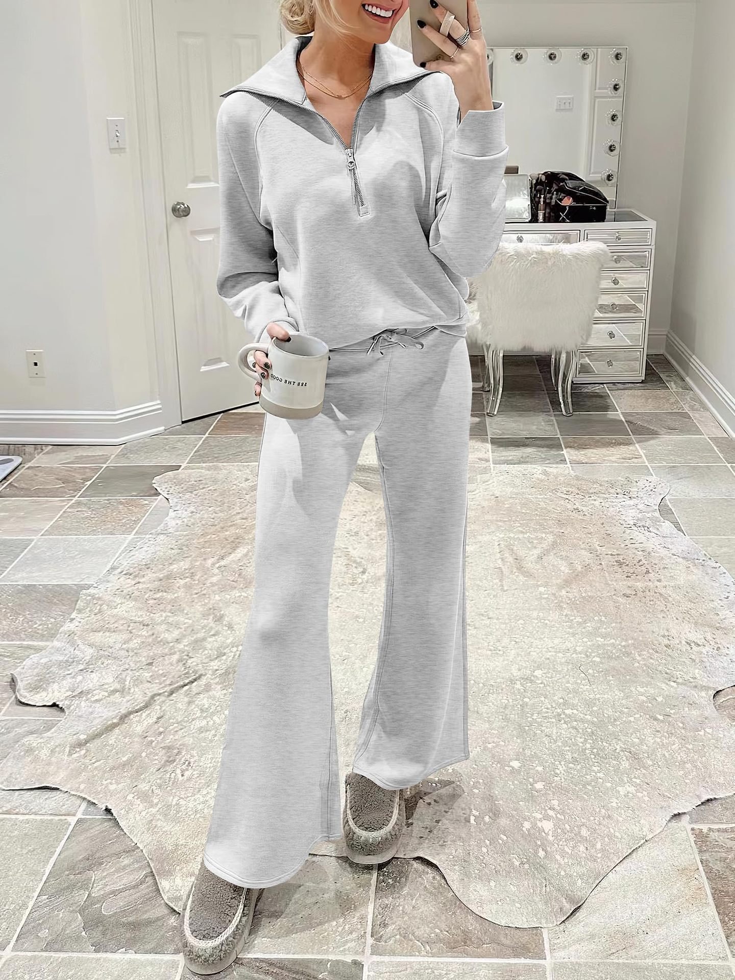Women Plain Two-Piece Set Daily Long Sleeve Casual Spring/Fall Top With Pants Matching Set