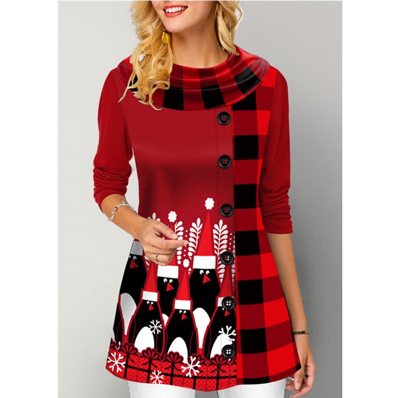 Crew Neck Long Sleeve Plaid Regular Micro-Elasticity Loose Blouse For Women