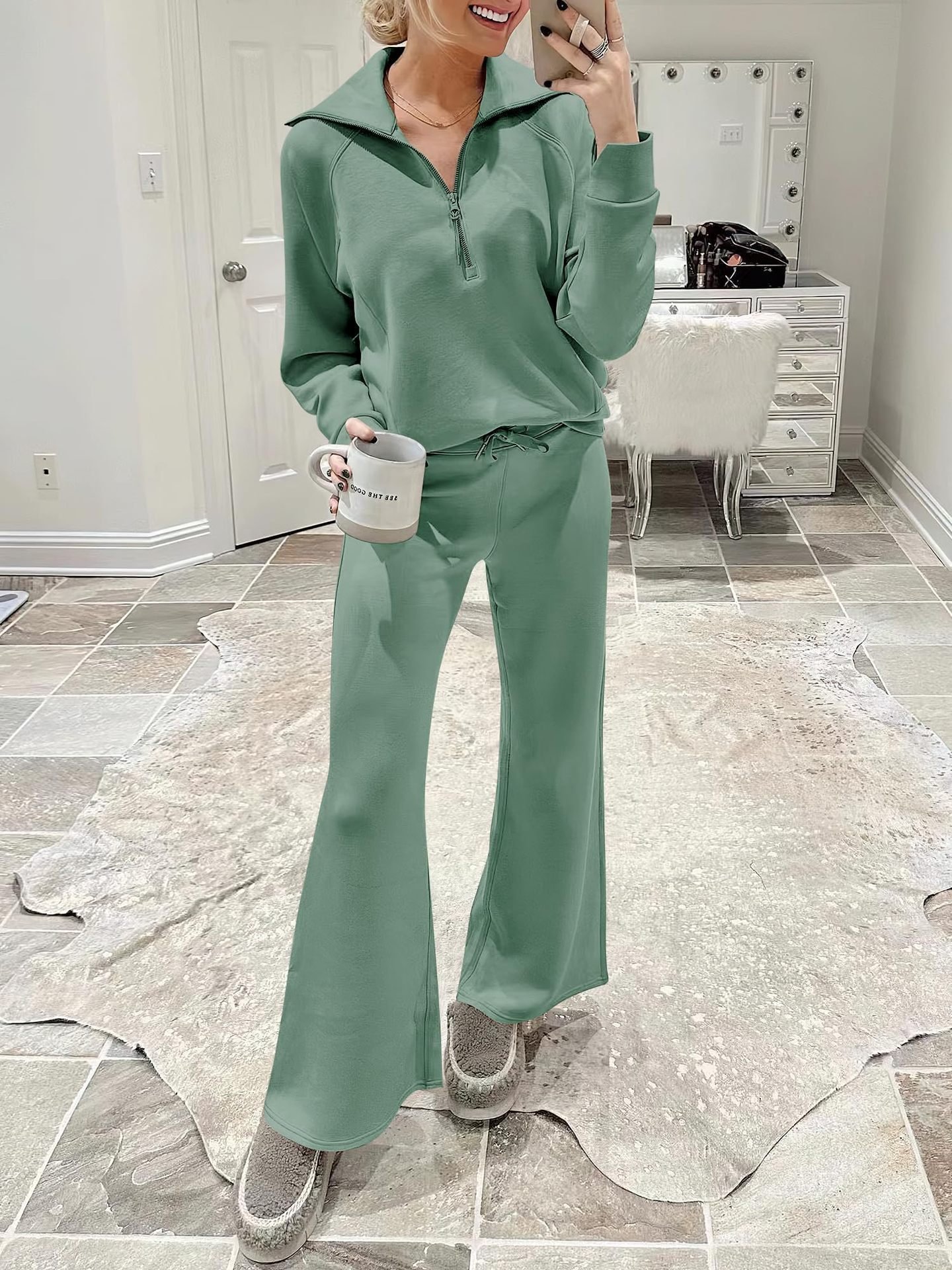 Women Plain Two-Piece Set Daily Long Sleeve Casual Spring/Fall Top With Pants Matching Set