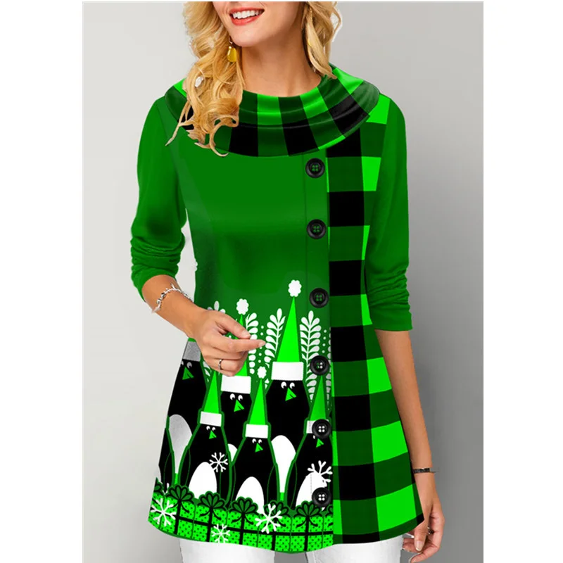 Crew Neck Long Sleeve Plaid Regular Micro-Elasticity Loose Blouse For Women