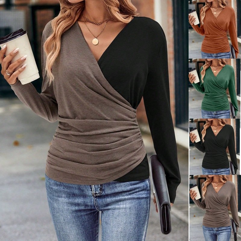 Casual Plain V Neck Long Sleeve T-shirt