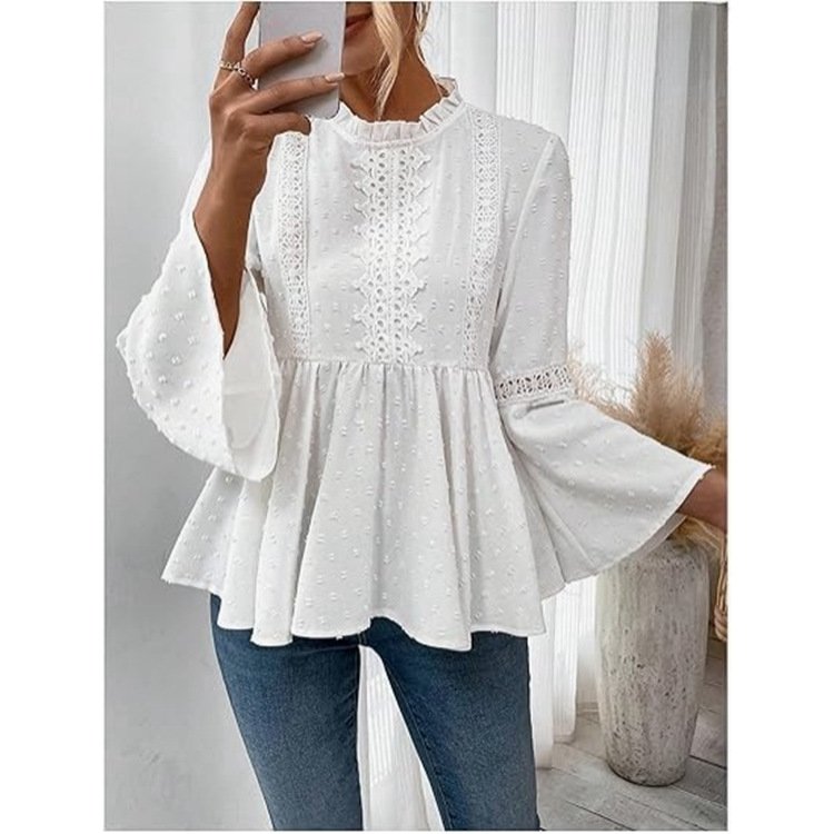 Crew Neck Long Sleeve Plain Lace Regular Micro-Elasticity Loose Blouse For Women