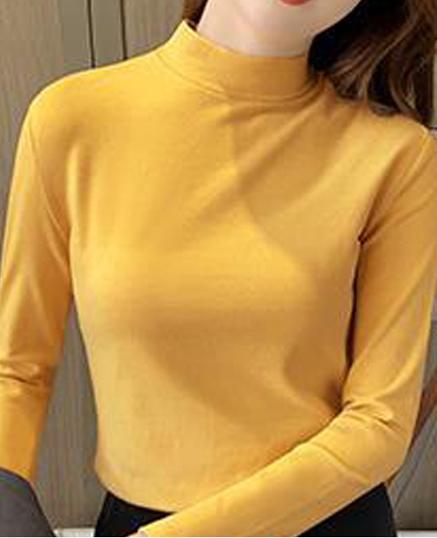 Casual Plain Mock Neck Long Sleeve T-shirt