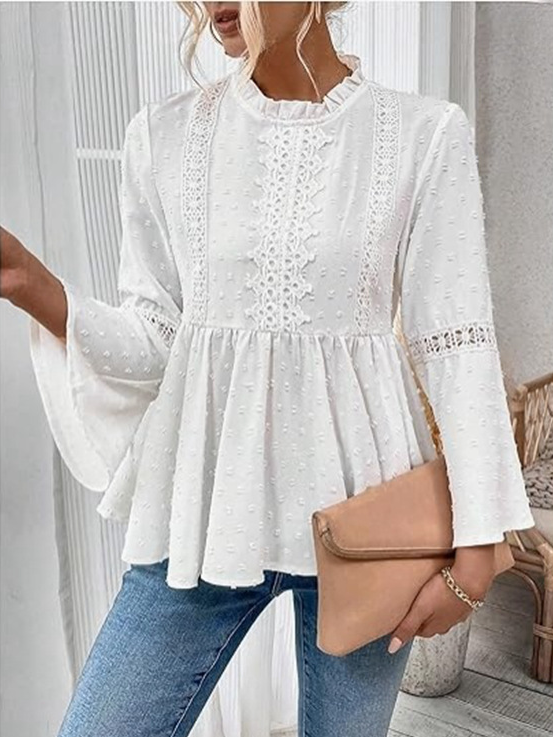 Crew Neck Long Sleeve Plain Lace Regular Micro-Elasticity Loose Blouse For Women