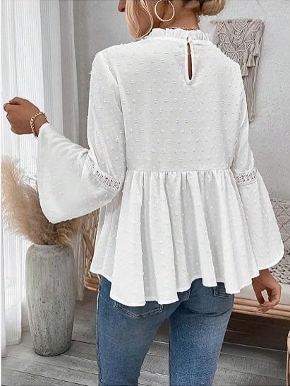 Crew Neck Long Sleeve Plain Lace Regular Micro-Elasticity Loose Blouse For Women