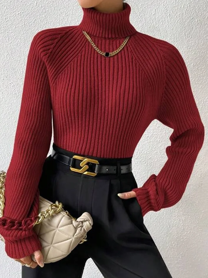 Women Yarn/Wool Yarn Plain Long Sleeve Comfy Casual Sweater