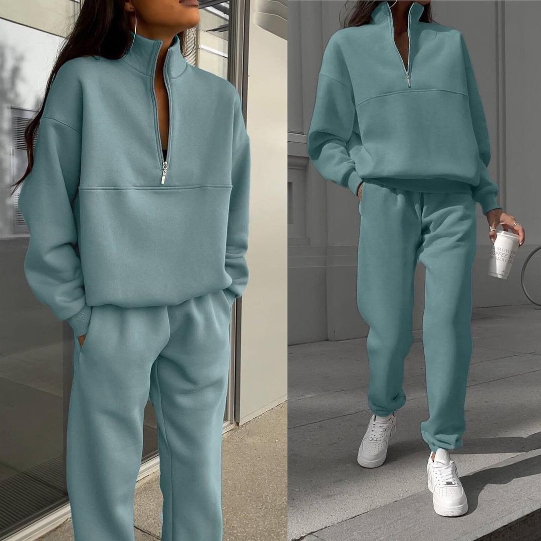 Women Plain Half Open Collar Long Sleeve Comfy Casual Top With Pants Two-Piece Set